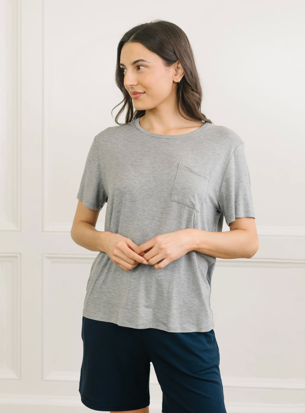 Cozy Earth Bamboo Lounge Tee Womens Small Gray Stretch Knit Pocket Short Sleeve